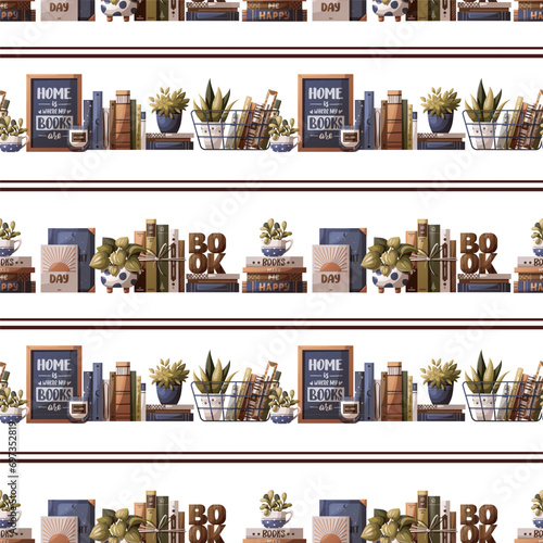 Seamless pattern with books, potted plants, bookish poster. Bookstore, bookshop, bookshelf, book lover, reading, interior concept. Vector illustration.