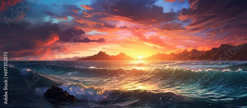 Sunrise over the sea in Okinawa, Japan, creating a beautiful seascape. photo