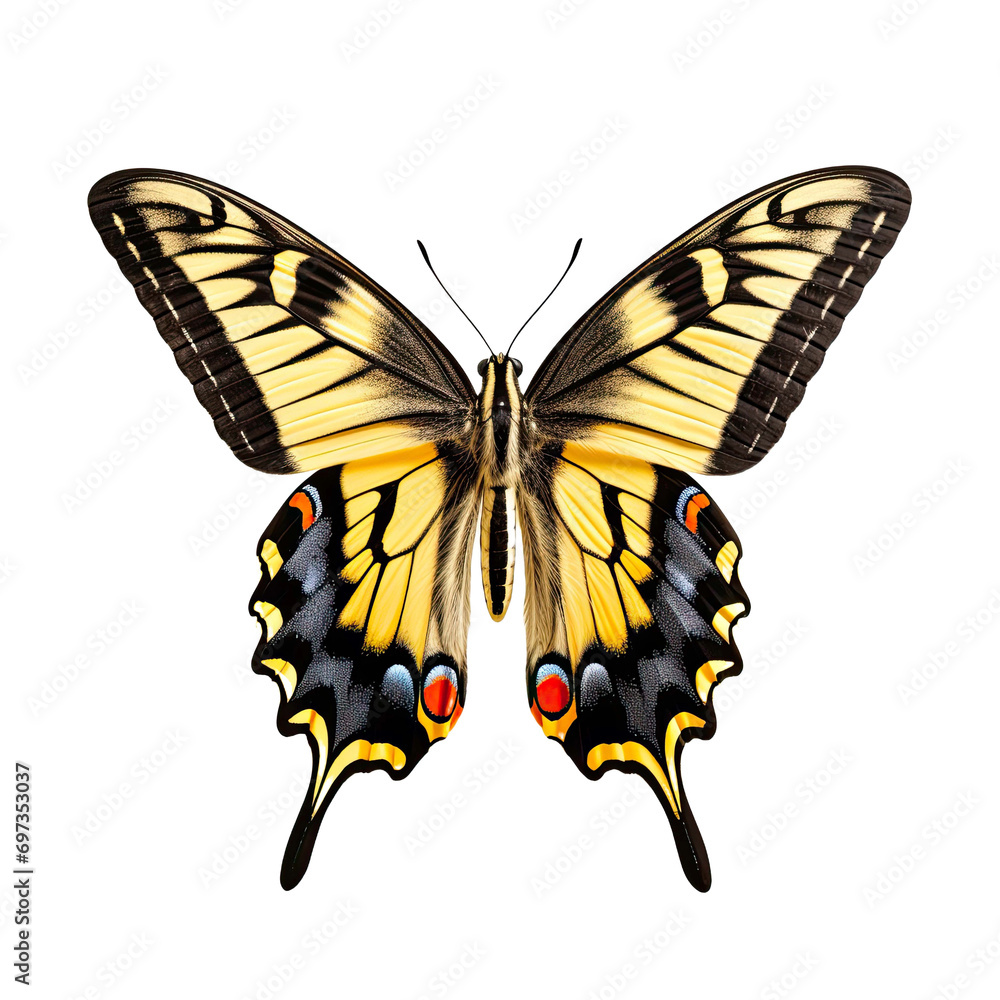 Fototapeta premium Swallowtail butterfly isolated on transparent background, beautiful swallowtail butterfly standing on a flower over white background, side view