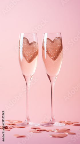 Two glasses of champagne with glittery hearts. Light pink background in the style of minimalism