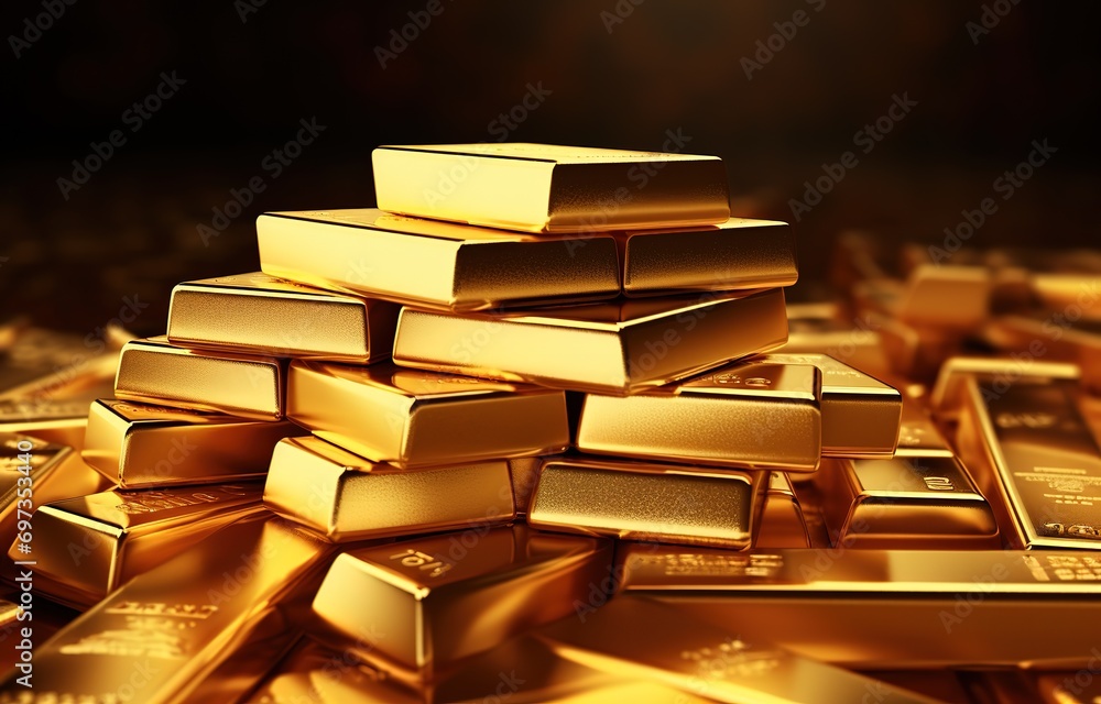 A pile of shiny gold pieces on a black background. generative AI A pile of shiny gold pieces on a black background. generative AI