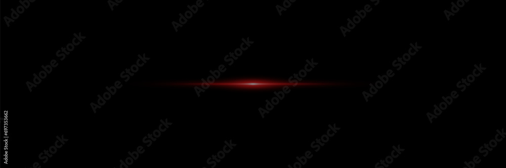 Flashes of light rays, horizontal lens flares, laser line speed. Red traffic line. On a black background.