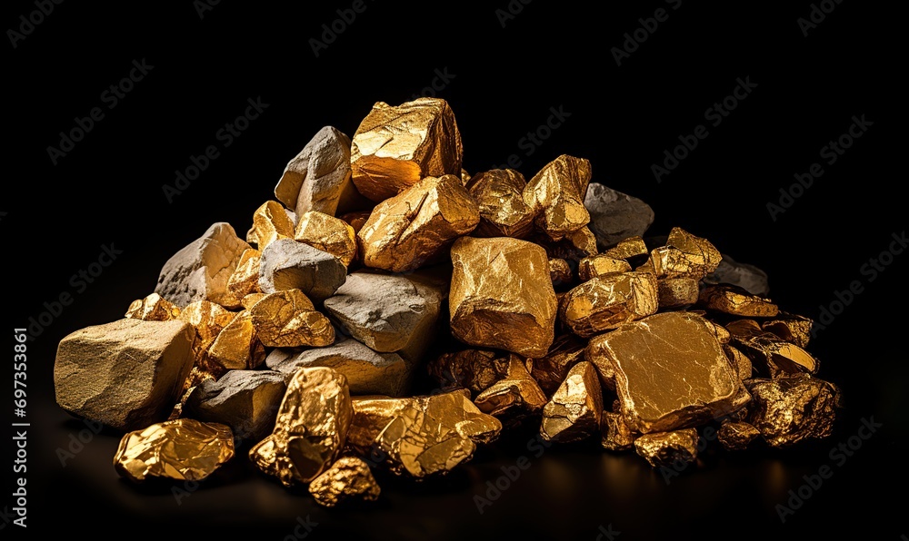 Pile of gold stones on black Background. generative AI