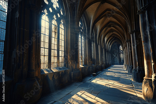 intricate play of light and shadow on Gothic arches of an ancient building, creating a cinematic and mysterious ambiance.