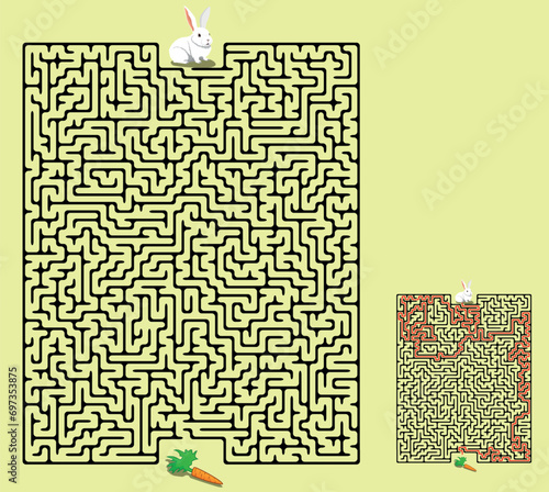 Vector rectangular labyrinth with entry and exit. Difficulty level - hard. Maze with solution - red passing route. Children logic game for brain training isolated on white background.