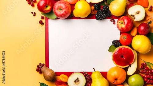 Fruits and vegetables arranged around light paper on a vibrant background