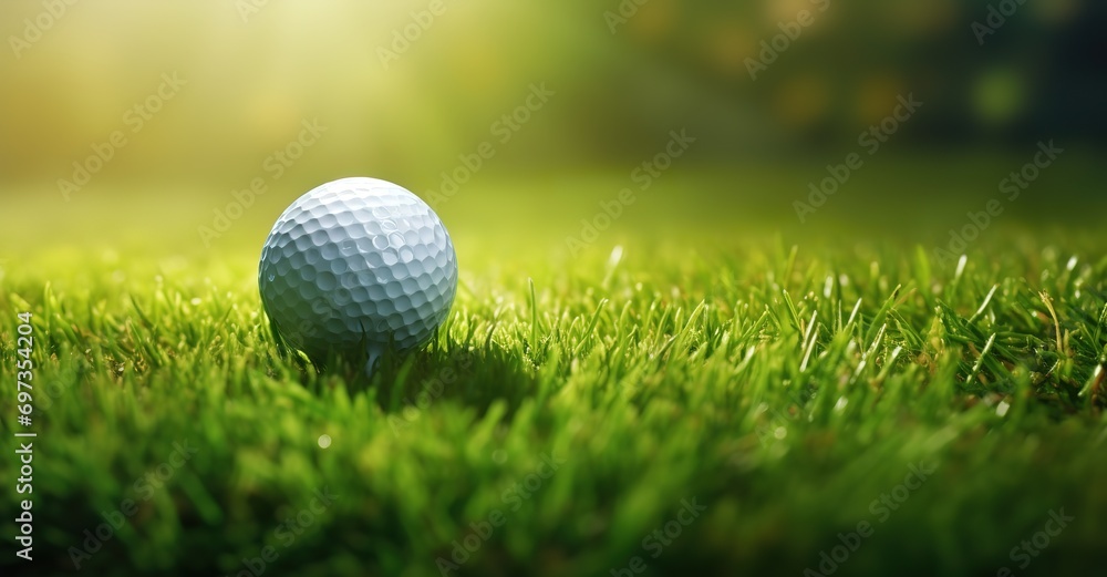 Obraz premium Golf ball in photo On a green field with a bright light effect. generative AI
