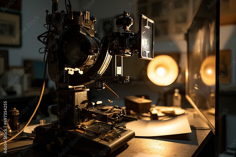 Focus on the details of an enlarger in operation, projecting images onto photo paper, in a cinematic photo that tells the story of analog printing. Focus on the details of an enlarger in operation, projecting images onto photo paper, in a cinematic photo that tells the story of analog printing.