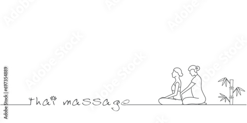 Authentic thai massage. Vector banner template with  silhouette of a woman getting traditional thai  massage  and text space. EPS10