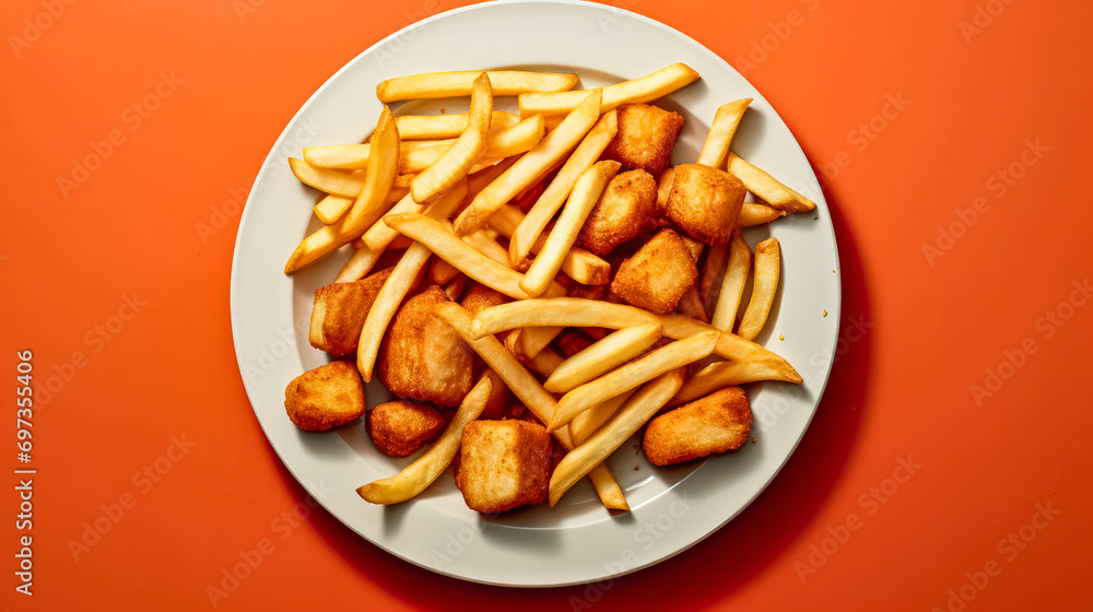 French fries, golden nuggets, and ketchup unite on a vibrant background French fries, golden nuggets, and ketchup unite on a vibrant background
