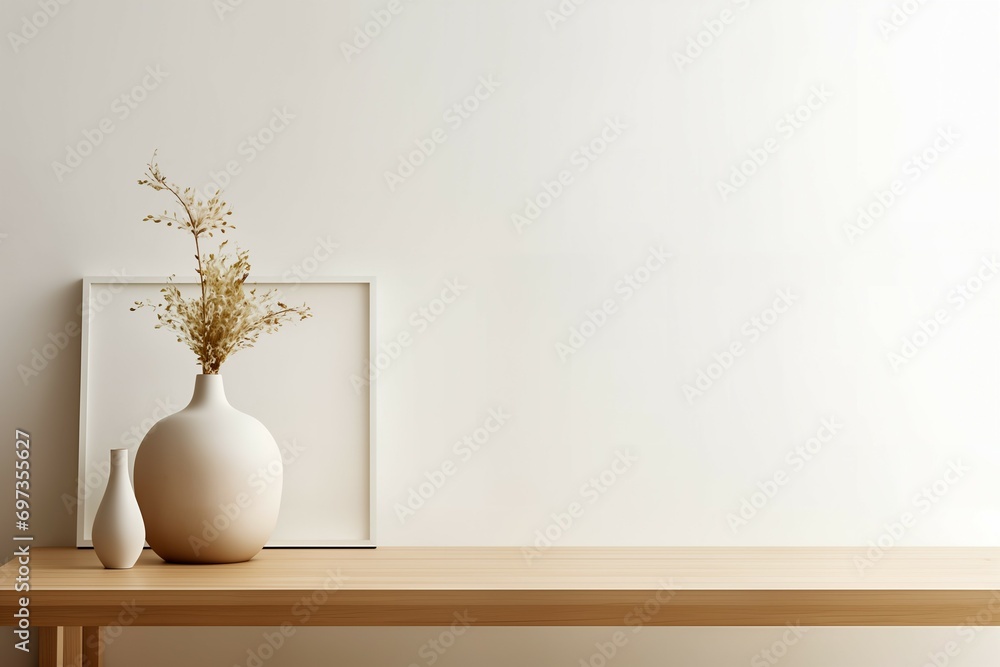 Minimalism home decor with vases and candle on wooden shelf, design template, interior, white wall, space to copy, space for text Minimalism home decor with vases and candle on wooden shelf, design template, interior, white wall, space to copy, space for text