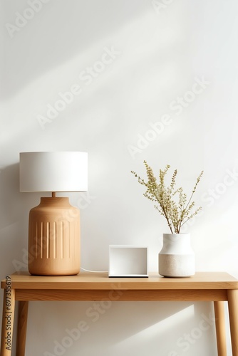 Minimalism home decor with vases and candle on wooden shelf  design template  interior  white wall  space to copy  space for text