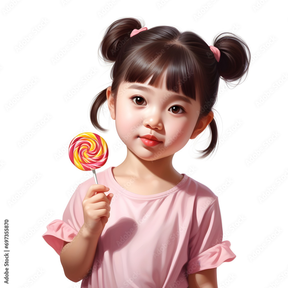 Illustration of a little Asian girl, with a curly hairstyle and a pink dress, happily holding a lollipop. ai generative Illustration of a little Asian girl, with a curly hairstyle and a pink dress, happily holding a lollipop. ai generative