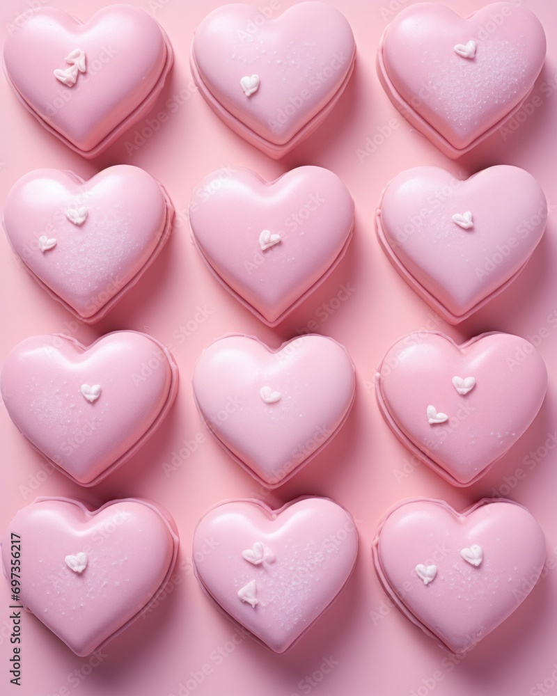 An array of glossy pink heart-shaped confections arranged symmetrically on a pastel background