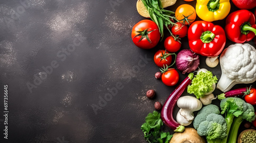 Fresh vegetables elegantly arranged on a dark concrete canvas
