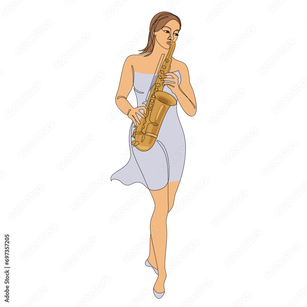 Silhouette of beautiful woman playing saxophone in continuous line modern style. Saxophonist girl, slim. Aesthetic decor sketches, posters, stickers, logo. set of vector illustrations.