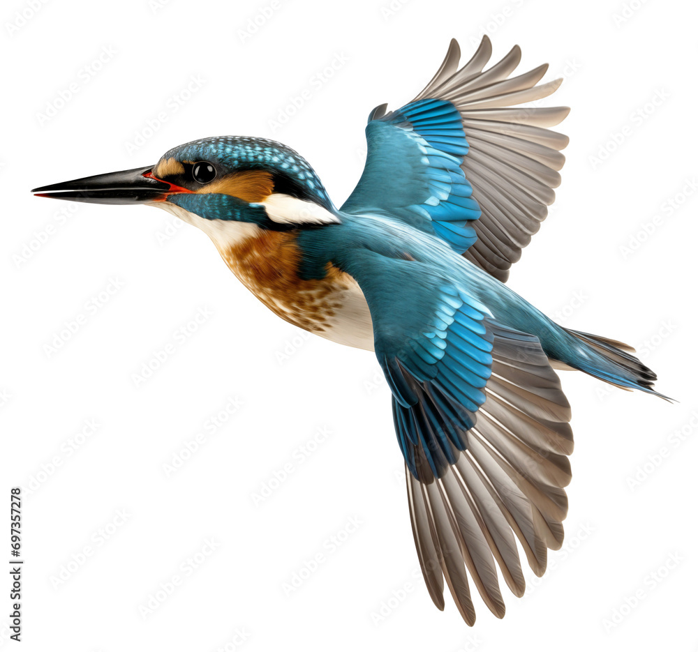 Fototapeta premium Flying kingfisher isolated on transparent background.