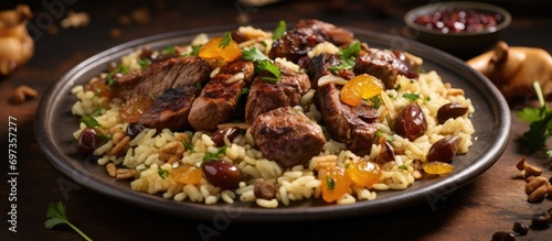 Top-down view of lamb meat and rice pilaf with a mix of dried fruits, onions, and chestnuts. photo
