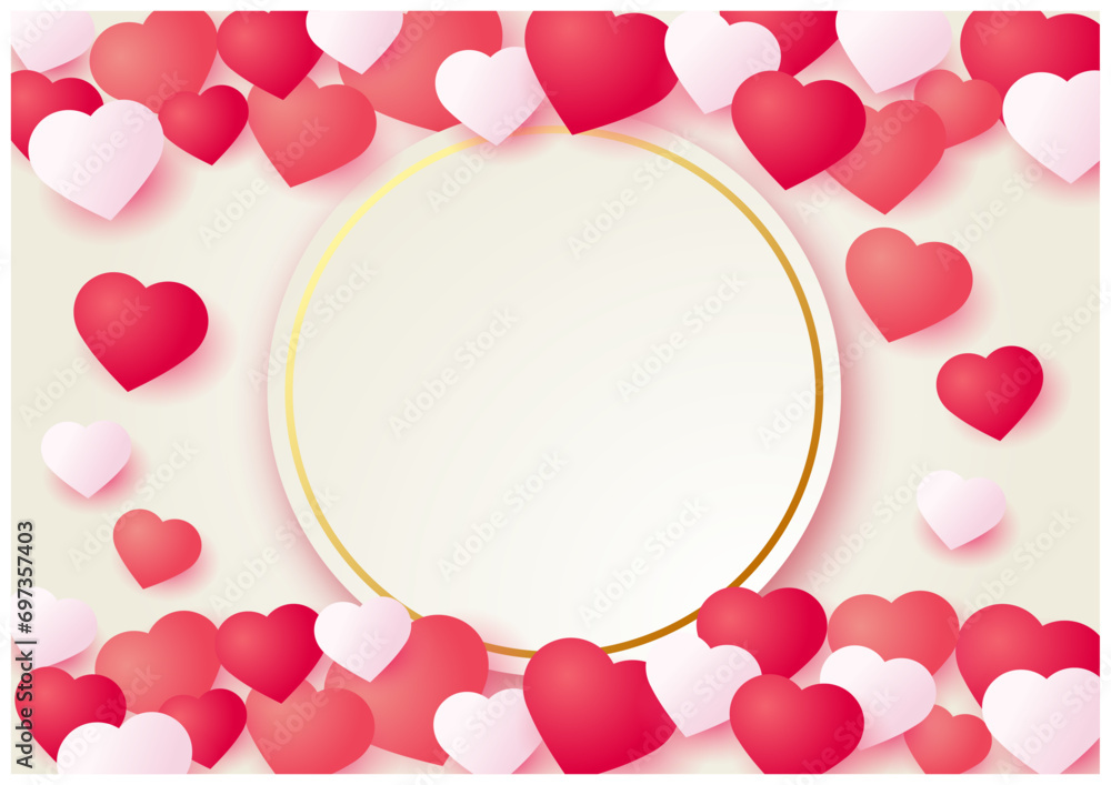 バレンタインデーに使える円フレームとハートのバレンタイン背景薄ゴールド