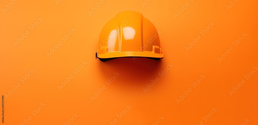 orange safety helmet in photo on orange Background - obrazy, fototapety, plakaty 
