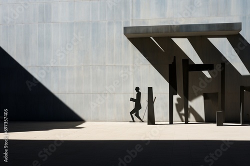 : An abstract composition of shadows cast by a modern sculpture against the backdrop of a concrete architectural structure