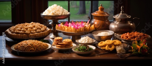 Traditional sweet food table from Sri Lanka, featuring items like Murukku, Kokis, Kewum, Aluwa, and Aasmi. photo