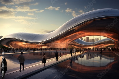 : An expansive shot of a high-speed train station, capturing the energy and movement in the convergence of modern transportation and architecture