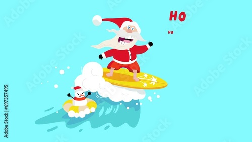 Santa Claus on a surfboard conquers a wave. Snowman floats next to him on an inflatable circle