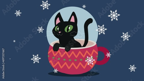Черный котенок выглядывает из чашки и подмигивает. Вокруг него мерцают снежинки.