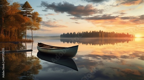 Canvas Print A peaceful sunset scene on a calm lake with reflections and a rowing boat