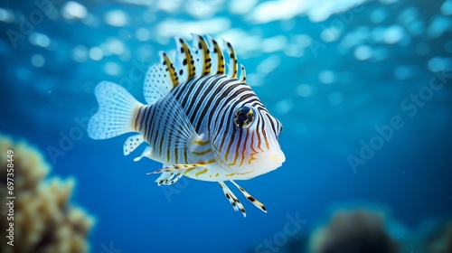 A vertical close-up shot of an exotic tropical fish swimming in deep underwater water.
