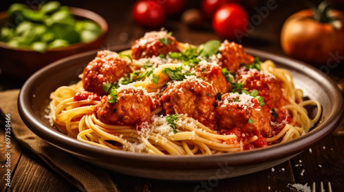 Spaghetti with meatballs, draped in tomato sauce and parmesan