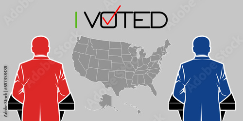 US Presidential election, electoral map of each state. Debate between two candidates from the Republican and Democratic parties, statistics by state.