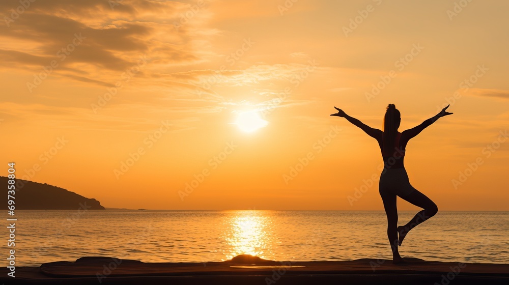 A young lady is performing sports exercises on a beach during sunrise in the morning.