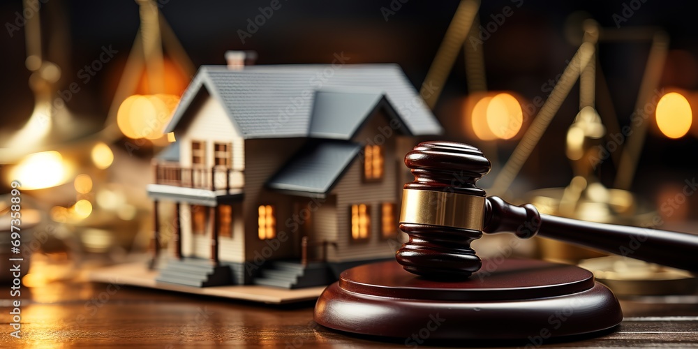 A Hammer standing in front of a miniature house, A house investment justice concept