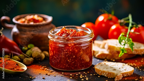 A jar of fiery red Harissa sauce photo