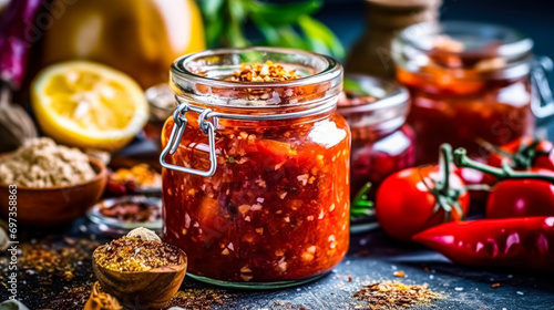 A jar of fiery red Harissa sauce