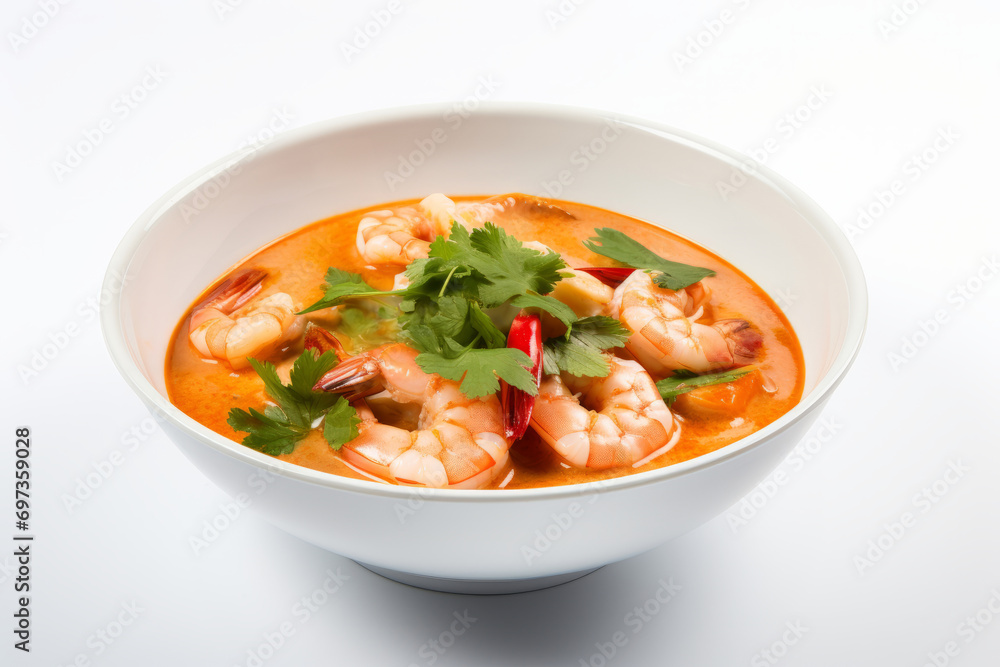 Spicy Thai Tom Yam Kung soup with shrimp in a white bowl on the white table