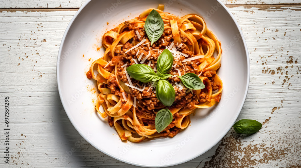 Top view of savory spaghetti bolognese elegantly presented on a dark background Top view of savory spaghetti bolognese elegantly presented on a dark background