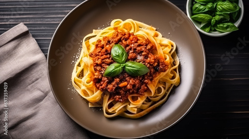 Top view of savory spaghetti bolognese elegantly presented on a dark background