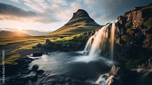 During the day in iceland  there is a waterfall on kirkjufell mountain.