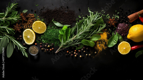 Closeup of healthy food, fresh lemon slices, herbs and spices isolated on black background