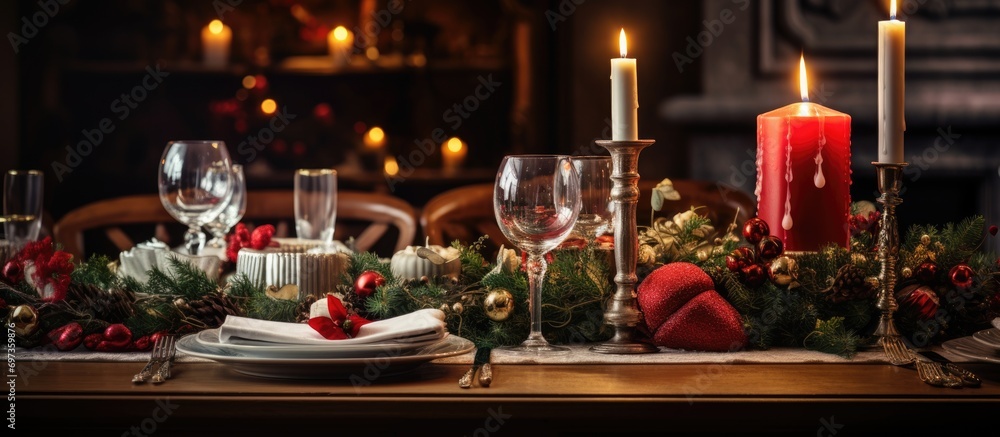 A festive table with settings, decor, and candles awaits Christmas lunch. A festive table with settings, decor, and candles awaits Christmas lunch.