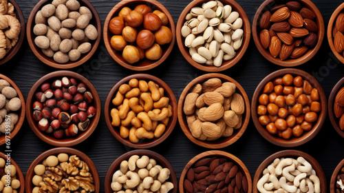 Closeup of snack collection of wooden bowls with different nuts as background texture