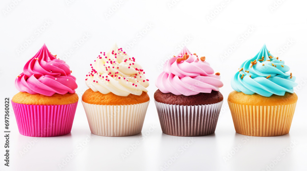 Closeup of colorful desert as cupcakes isolated on white background, for celebration, birthday or party Closeup of colorful desert as cupcakes isolated on white background, for celebration, birthday or party