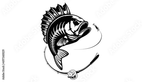 Fishing bass logo. Bass fish with rod club emblem. Fishing theme illustration. Fish Isolated on white.