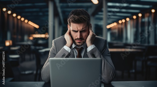 Man in suit at office full of documents He is stressed because he made a mistake at work.