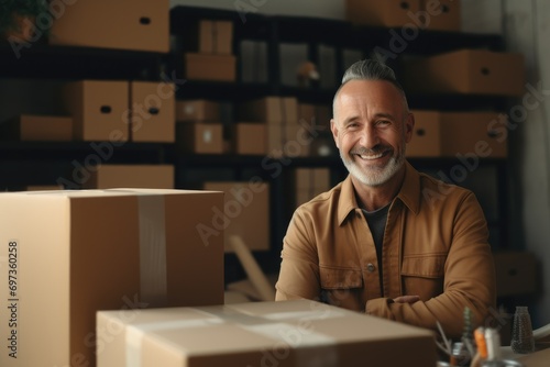 Smiling mature man online seller working on her laptop Receive and verify online orders to prepare product boxes. Starting a small business owner, selling online, e-commerce photo
