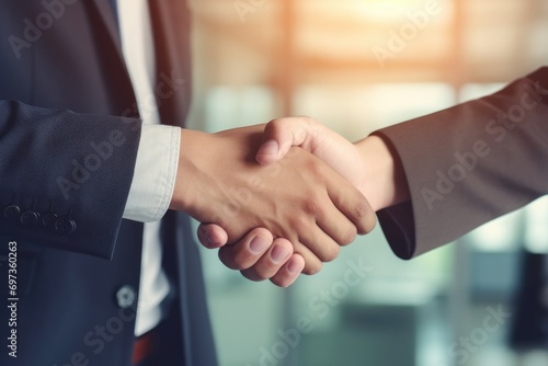 Close-up of business handshake on workplace background.