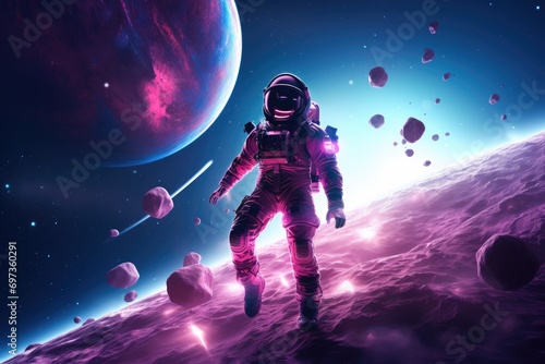 Astronaut floating above with a distant planet and stars.